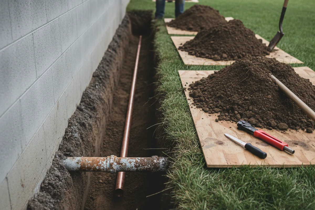 Excavated water line trench during Sewer Line Repair in Rouzerville
